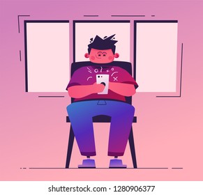 Man hold smartphone. Cartoon vector illustration. Character design. Surfing net. Social communication and networking concept. User interface