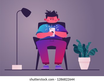 Man hold smartphone. Cartoon vector illustration. Character design. Surfing net. Social communication and networking concept. User interface