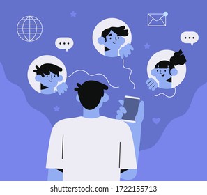 Man hold smartphone with dark or night mode or theme on. People chatting or working at night with light-on-dark color scheme extension for website, application and social media network. Trendy banner.