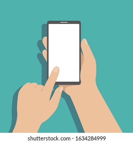 Man Hold Smartphone In Hand And Tap On Screen With Finger. Vector Illustration.