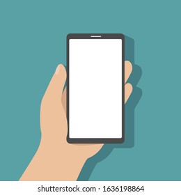 Man hold smartphone in his hand. Vector illustration.