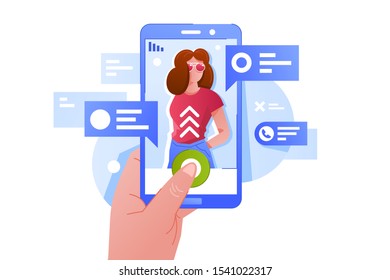 Man hold smartphone receive incoming girlfriend call. Isolated concept close up hands with modern device, app technology for communication. Vector illustration.