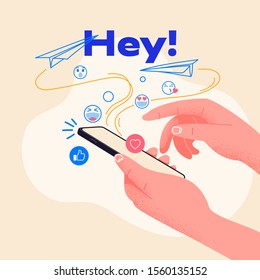 Man hold smartphone and type new message. Send emojis to friends. Vector illustration, ideal for websites and startups. Social media addiction, collect likes and feedbacks.