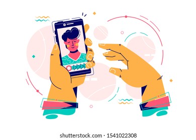 Hombre sostiene smartphone usando videollamadas con un amigo. Concepto aislado cerrar manos con dispositivos modernos, tecnología de aplicaciones para la comunicación. Ilustración vectorial.