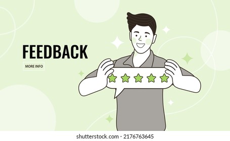 El hombre tiene estrellas o da retroalimentación a cinco estrellas. El cliente elige la calificación de satisfacción y deja una revisión positiva del producto o servicio. Clientes evaluando un producto, servicio. Ilustración del contorno del vector.