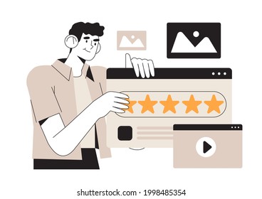 Man hold stars, giving five star Feedback in mobile application or website. Client choose satisfaction rating and leaving positive review. Feedback consumer, customer review evaluation concept. 