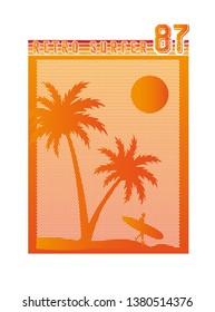 Man hold surf board stand on island nearby palm trees, on sunset time,vintage and classic color, silhouette shirt design,vector illustration
