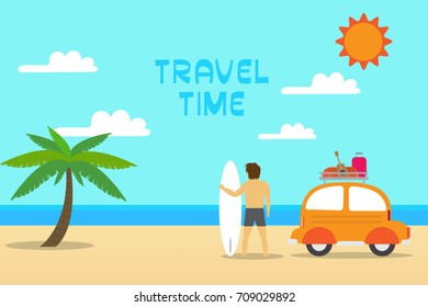 man hold surfboard on the beach .time to travel.summer time