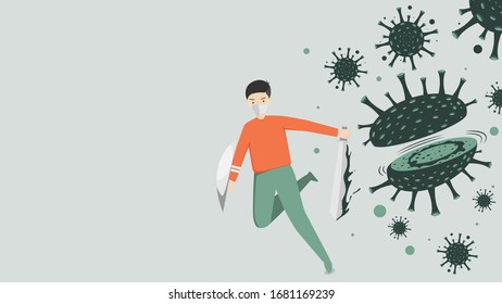 man hold sword with Shield Fight the coronavirus Around him. Illustration about protection covid-19.