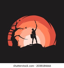 a man hold sword and shield logo design template