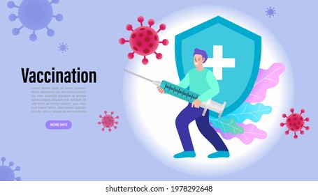 Man hold syringe with dose of antiviral drug. Time to vaccinate. Vaccination of patients against coronavirus. Male character defeats virus with vaccine. Concept health care. Flat vector illustration.