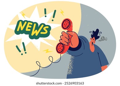 Muchos sostienen auriculares de teléfono difunden noticias de última hora. Un tipo con el teléfono en las manos hace un anuncio o comparte información. Ilustración vectorial.
