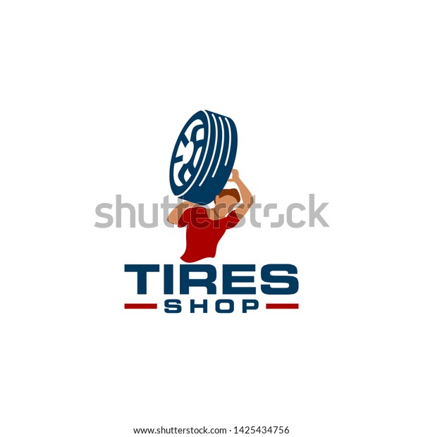 A man hold up a tire. Tires shop logo design\
template. Silhouette tire