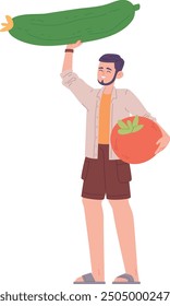 El hombre sostiene el tomate y el pepino. Verduras orgánicas frescas aisladas sobre fondo blanco