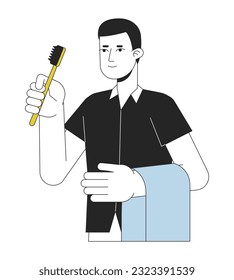 Man hold toothbrush flat line color vector character. Editable outline half body holding towel on hand on white. Self care simple cartoon spot illustration for web graphic design