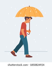 Man Hold Umbrella and Enjoy to Walking in the Rain.