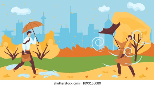 Man hold umbrella walk in urban city park, woman stroll autumn bad windy weather flat vector illustration, isolated on white. City background fall orange outdoor garden, strong gust wind.