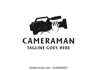 Man Hold Video Camera for Film Cinema Movie Production Logo Design Vector