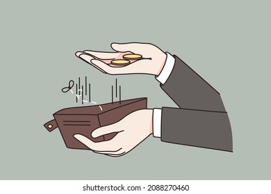 Man Hold Wallet Count Money Coins Suffer From Bankruptcy. Male Bankrupt With Empty Purse Struggle With Unemployment. Crisis And Failure Concept. Financial Problem In Life. Vector Illustration. 