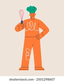 Man hold whisk in hand. Colorful vector illustration