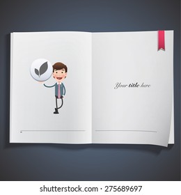 Man holdig a button and printed on book