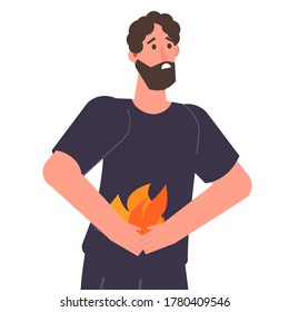 Man holding abdomen. Heartburn and stomach problems concept.  Vector illustration. 