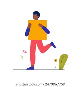 Man holding abstract yellow square form to organize space and system of figures vector illustration