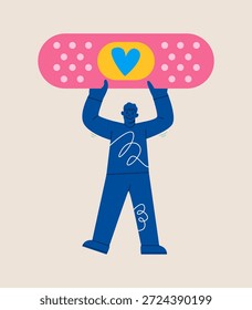 Man holding adhesive plaster. Concept of blood transfusion and donation. Colorful vector illustration
