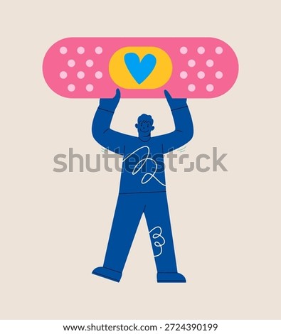 Man holding adhesive plaster. Concept of blood transfusion and donation. Colorful vector illustration
