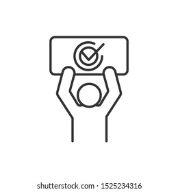 Man holding agreement plate black line icon. Approved concept. Sign for web page, mobile app. Vector isolated object. Editable stroke.