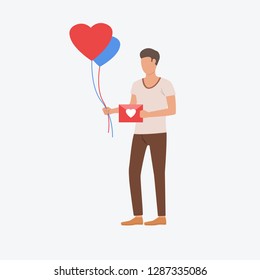 Man holding air balloons and love letter. Romantic, boyfriend, greeting. Can be used for topics like Saint Valentines Day, festival, celebration