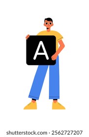 Man Holding Alphabet Block In Flat Vector Illustration Symbolizing Education, Language Learning, And Communication, Isolated On White Background.