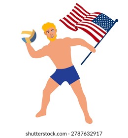 man holding American flag while tossing beach volleyball ball