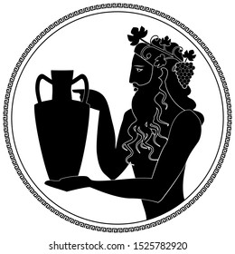 Man holding an amphora, wearing crown of grape leaves and bunches of grapes. Representation of the god Dionysus. Greek circular ornament around. Ancient Greece style