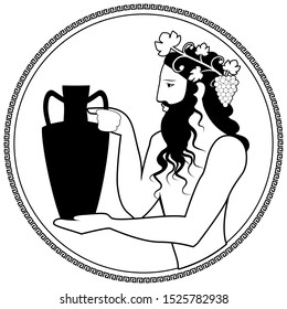 Man holding an amphora, wearing crown of grape leaves and bunches of grapes. Representation of the god Dionysus. Greek circular ornament around. Ancient Greece style