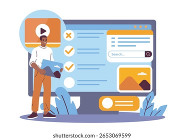 Mann, der neben einem großen Bildschirm mit Medienschnittstelle hält, mit Checklisten, Suchleiste und Miniaturansichten auf weißem Hintergrund. Konzept des Content Managements. Vektorgrafik