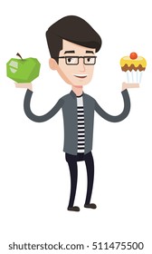 Man holding apple and cupcake in hands. Man choosing between apple and cupcake. Concept of choice between healthy and unhealthy nutrition. Vector flat design illustration isolated on white background.