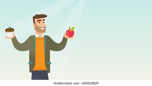 Man holding an apple and a cupcake in hands. Man choosing between an apple and a cupcake. Concept of choice between healthy and unhealthy nutrition. Vector flat design illustration. Horizontal layout.