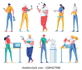 Man Holding Apple and Grater, Woman Cooking with Appliance Flat Cartoon Vector Illustration. Guy Juggling with Balls. Girl Heating Food in Microwave Oven. Person Creating Sculpture.