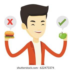 Man holding apple and hamburger in hands. Man choosing between apple and hamburger. Man choosing between healthy and unhealthy nutrition. Vector flat design illustration isolated on white background.