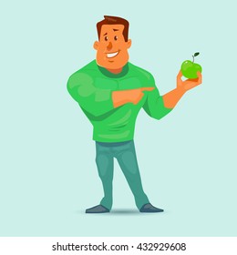 man holding apple, healthy eating concept, muscular, happiness, cartoon character, vector illustration