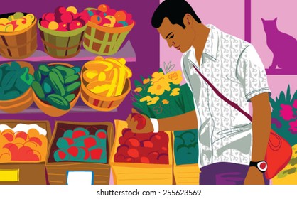 Man holding apple in market stall