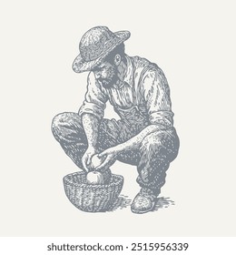 Hombre sosteniendo la manzana sobre la cesta. Antiguas grabado en madera estilo Ilustración vectorial.