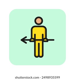 Hombre sosteniendo el icono de la línea de flecha. Ayuda, consejo, camino. Concepto de dirección. La Ilustración vectorial se puede utilizar para temas como publicidad, promoción, navegación