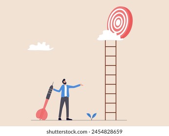 A man is holding an arrow, looking confused as the target is high on a staircase. This illustration represents the challenge of aiming high and facing ambitious goals.