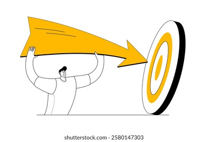 Man holding an arrow pointing to the center of the target. Vector illustration concept on the theme of working to achieve the result and hitting the target exactly.