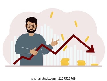 El hombre tiene una flecha apuntando hacia abajo. El concepto de problemas en los negocios, problemas en la gestión de una empresa o una caída en los ingresos de una empresa. Ilustración plana del vector
