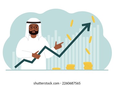 The man is holding an arrow pointing up. The concept of growth in business, company promotion or business income growth. Vector flat illustration