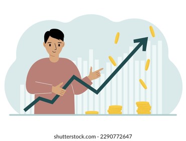El hombre tiene una flecha apuntando hacia arriba. El concepto de crecimiento de las empresas, la promoción de las empresas o el crecimiento de los ingresos de las empresas. Ilustración plana del vector