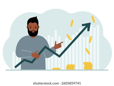 The man is holding an arrow pointing up. The concept of growth in business, company promotion or business income growth. Vector flat illustration